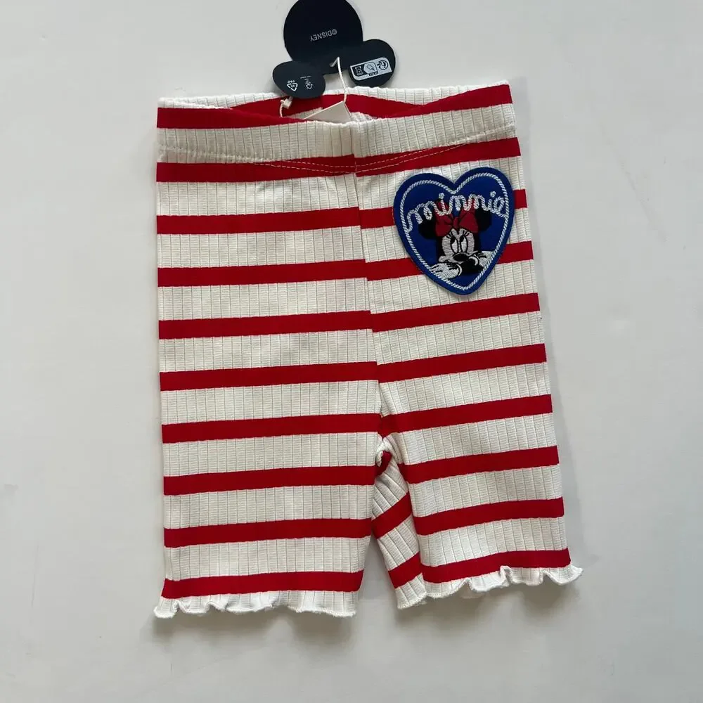 Zara x Disney Minnie Mouse Red White Striped Ribbed Biker Shorts Size 3Y NWT